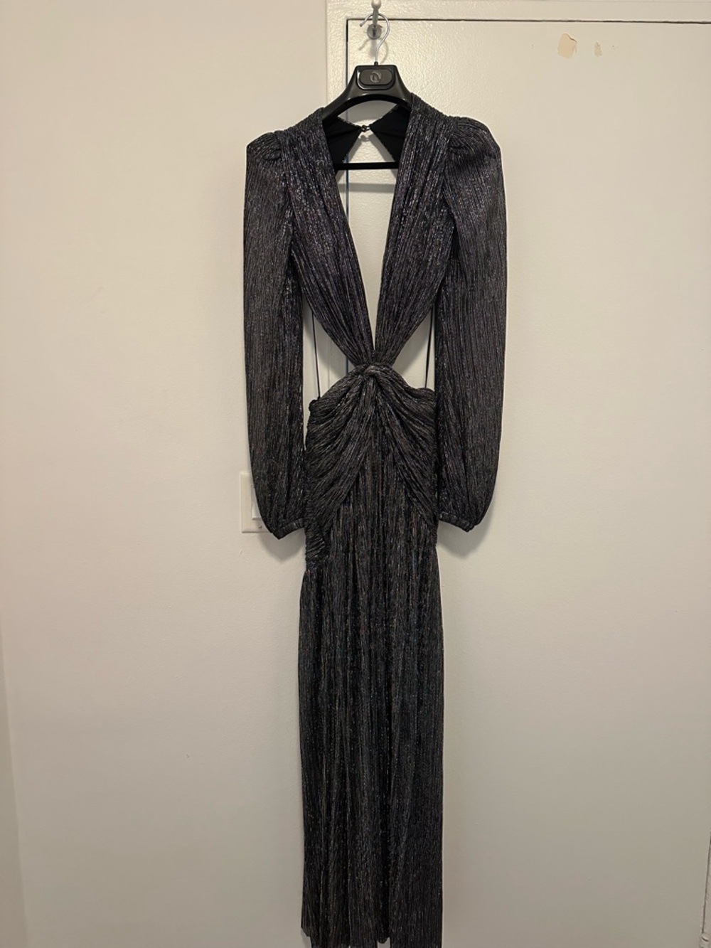 PatBO Metallic Black Long-Sleeve Twist Cutout Gown